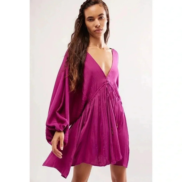 New Free People Arzel Long Sleeve Mini Dress in Magenta Haze Hot Pink XS - Picture 12 of 13